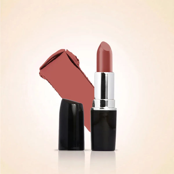 Swiss Miss Classic Lipstick in Viva Glam M-235 open bullet tube displayed next to a nude rose color swatch streak.