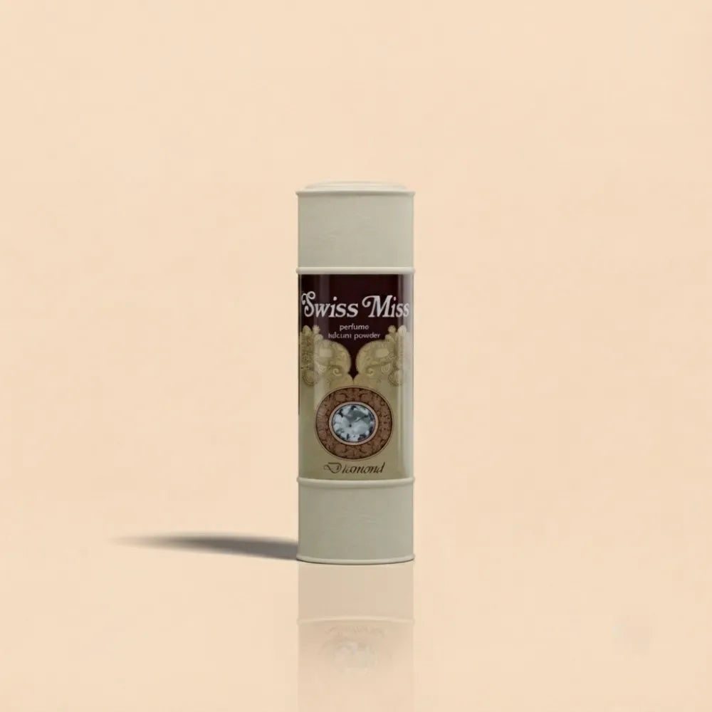 Swiss Miss Diamond Perfumed Talcum Powder 120g container with ornate gold and diamond design