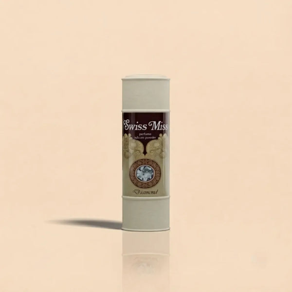 Swiss Miss Diamond Perfumed Talcum Powder 120g container with ornate gold and diamond design