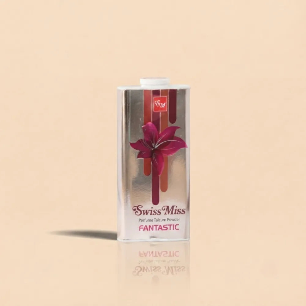Swiss Miss Fantastic Perfumed Talcum Powder 120g rectangular silver container featuring a deep pink flower motif