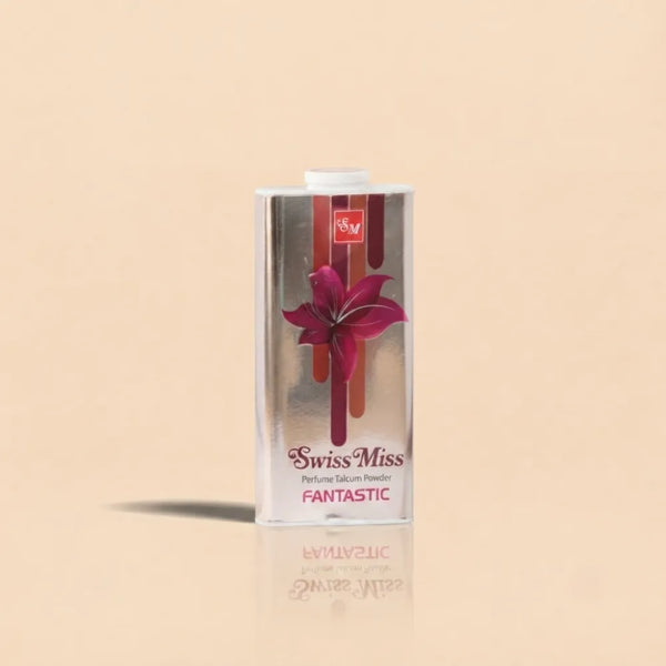 Swiss Miss Fantastic Perfumed Talcum Powder 120g rectangular silver container featuring a deep pink flower motif