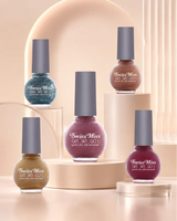 Collection of Swiss Miss Get Set Go quick dry nail enamel bottles displayed on aesthetic podiums.