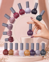 Swiss Miss Get Set Go quick dry nail polish set arranged in a circular podium layout displaying multiple glossy and shimmer shades.