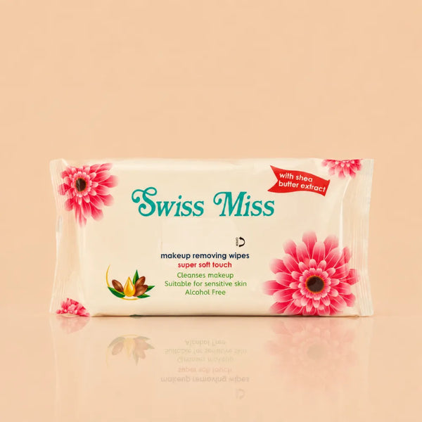 Swiss Miss Makeup Remover Wipes with Shea Butter Extract 60 Pcs pack featuring super soft touch alcohol-free formula