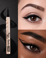 Swiss Miss Flawless Match Marker Eyeliner pen alongside model looks showcasing classic winged and graphic eyeliner styles.