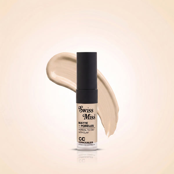 Swiss Miss Matte + Poreless CC Concealer in Fine Plush SM 03 with liquid concealer swatch background