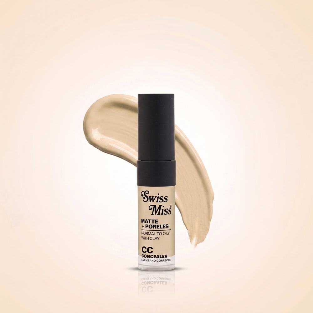 Swiss Miss Matte + Poreless CC Concealer in Flawless Natural SM 02 with liquid concealer swatch background