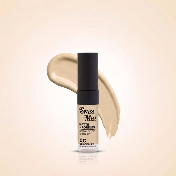 Swiss Miss Matte + Poreless CC Concealer in Flawless Natural SM 02 with liquid concealer swatch background