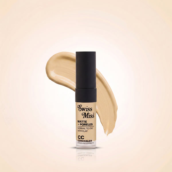Swiss Miss Matte + Poreless CC Concealer in Peachy Pink SM 04 with liquid concealer swatch background