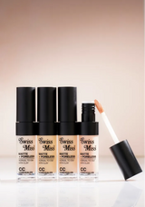 Swiss Miss Matte and Poreless CC Concealer shade lineup showing clear tubes with black caps and applicator wand