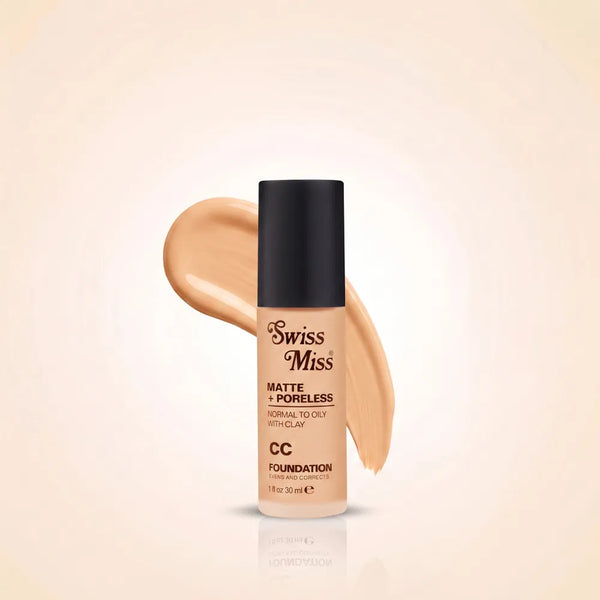 Swiss Miss Matte + Poreless CC Foundation in Almond SM 05 with liquid foundation swatch background