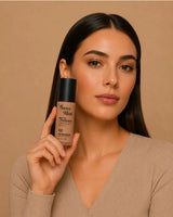 Model holding Swiss Miss Matte and Poreless CC Foundation bottle in shade Almond SM 05