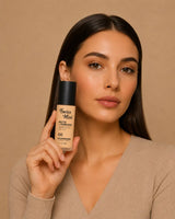Model holding Swiss Miss Matte and Poreless CC Foundation bottle in shade Beige SM 04