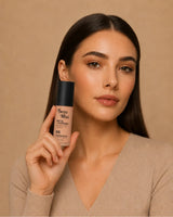 Model holding Swiss Miss Matte and Poreless CC Foundation bottle in shade Fine Ivory SM 02