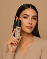 Model holding Swiss Miss Matte and Poreless CC Foundation bottle in shade Light Ivory SM 01