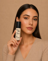 Model holding Swiss Miss Matte and Poreless CC Foundation bottle in shade Natural SM 03