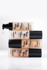 Stacked bottles of Swiss Miss Matte and Poreless CC Foundation showing the full shade collection with a pump drop