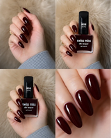 Four-panel swatch collage showing Swiss Miss Silk Lacquer nail enamel in shade 602 Plump, a glossy dark plum burgundy nail polish.