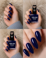 Four-panel swatch collage featuring Swiss Miss Silk Lacquer nail enamel in shade 604 Denim, a rich glossy navy blue nail polish.