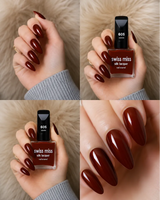Four-panel swatch collage showing Swiss Miss Silk Lacquer nail enamel in shade 605 Cocoa, a glossy deep chocolate brown nail polish.