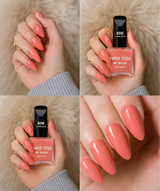 Four-panel swatch collage featuring Swiss Miss Silk Lacquer nail enamel in shade 606 Nude Pink, a glossy peachy nude pink nail polish.
