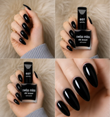 Four-panel swatch collage featuring Swiss Miss Silk Lacquer nail enamel in shade 607 Spooky, a glossy jet black nail polish.