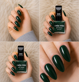 Four-panel swatch collage featuring Swiss Miss Silk Lacquer nail enamel in shade 608 Emerald Gold, a deep glossy emerald green nail polish with subtle shimmer.