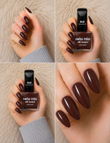 Four-panel swatch collage featuring Swiss Miss Silk Lacquer nail enamel in shade 612 Chocolate Silk, a glossy deep chocolate brown nail polish.