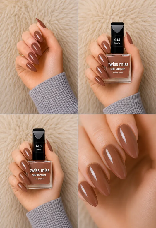 Four-panel swatch collage featuring Swiss Miss Silk Lacquer nail enamel in shade 613 Tawny, a glossy warm mauve brown nail polish.