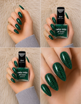 Four-panel swatch collage featuring Swiss Miss Silk Lacquer nail enamel in shade 614 Glitter Green, a sparkling emerald green glitter nail polish.