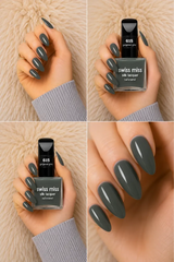 Four-panel swatch collage featuring Swiss Miss Silk Lacquer nail enamel in shade 615 Gorgeous Grey, a glossy deep slate grey nail polish.