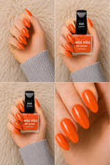Four-panel swatch collage featuring Swiss Miss Silk Lacquer nail enamel in shade 616 Pumpkin, a glossy vibrant orange nail polish.