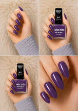 Four-panel swatch collage featuring Swiss Miss Silk Lacquer nail enamel in shade 617 Dewy Rose, a glossy muted purple mauve nail polish.
