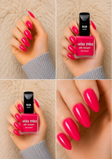Four-panel swatch collage featuring Swiss Miss Silk Lacquer nail enamel in shade 618 Blush, a glossy vibrant hot pink nail polish.