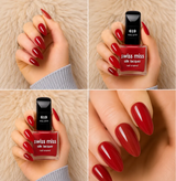 Four-panel swatch collage featuring Swiss Miss Silk Lacquer nail enamel in shade 619 Rosy Pink, a glossy deep rose red nail polish.