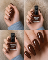 Four-panel swatch collage featuring Swiss Miss Silk Lacquer nail enamel in shade 620 Mocha, a glossy warm medium coffee brown nail polish.