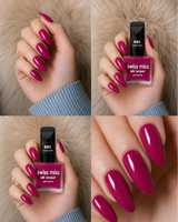 Four-panel swatch collage featuring Swiss Miss Silk Lacquer nail enamel in shade 621 Sweet Pink, a glossy vibrant magenta berry pink nail polish.