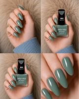 Four-panel swatch collage featuring Swiss Miss Silk Lacquer nail enamel in shade 622 Aqua Forest, a glossy muted sage green nail polish.