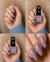 Four-panel swatch collage featuring Swiss Miss Silk Lacquer nail enamel in shade 623 Unicorn, a glossy soft lilac mauve nail polish.