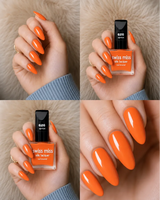 Four-panel swatch collage featuring Swiss Miss Silk Lacquer nail enamel in shade 626 Apricot, a glossy bright warm orange nail polish.