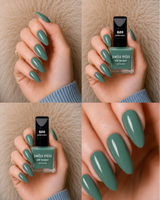 Four-panel swatch collage featuring Swiss Miss Silk Lacquer nail enamel in shade 628 Pastel Dream, a glossy soft dusty sage green nail polish.
