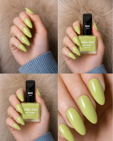 Four-panel swatch collage featuring Swiss Miss Silk Lacquer nail enamel in shade 629 Neon, a glossy vibrant neon lime green nail polish.