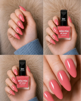 Four-panel swatch collage featuring Swiss Miss Silk Lacquer nail enamel in shade 630 Ice Cream, a glossy soft strawberry pink nail polish.