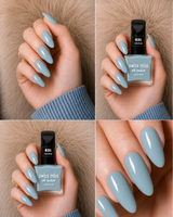 Four-panel swatch collage featuring Swiss Miss Silk Lacquer nail enamel in shade 631 Raindrop, a glossy soft dusty light blue nail polish.