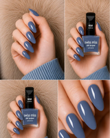 Four-panel swatch collage featuring Swiss Miss Silk Lacquer nail enamel in shade 632 Bubbles, a glossy muted slate blue nail polish.