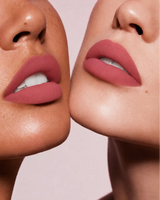 Close-up shot of two models with different skin tones wearing Swiss Miss Silk Lipstick in shade Almond Ice (705).
