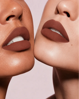 Close-up shot of two models with different skin tones wearing Swiss Miss Silk Lipstick in shade Espresso (730).