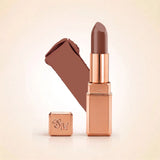 Swiss Miss Silk Lipstick in shade Rich Roast (731) in gold bullet packaging shown alongside a textured cream color swatch.