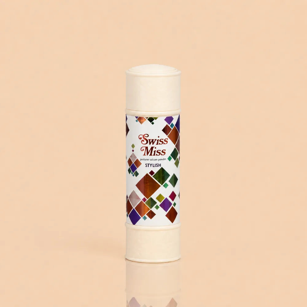 Swiss Miss Stylish Perfumed Talcum Powder 120g container featuring a colorful geometric diamond pattern