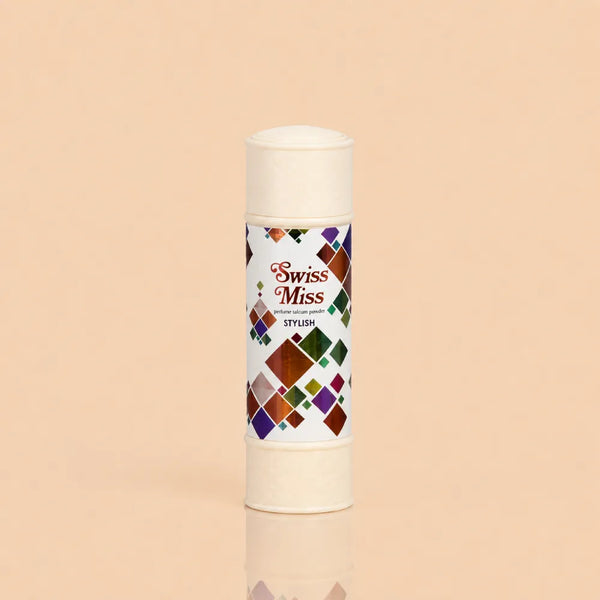Swiss Miss Stylish Perfumed Talcum Powder 120g container featuring a colorful geometric diamond pattern